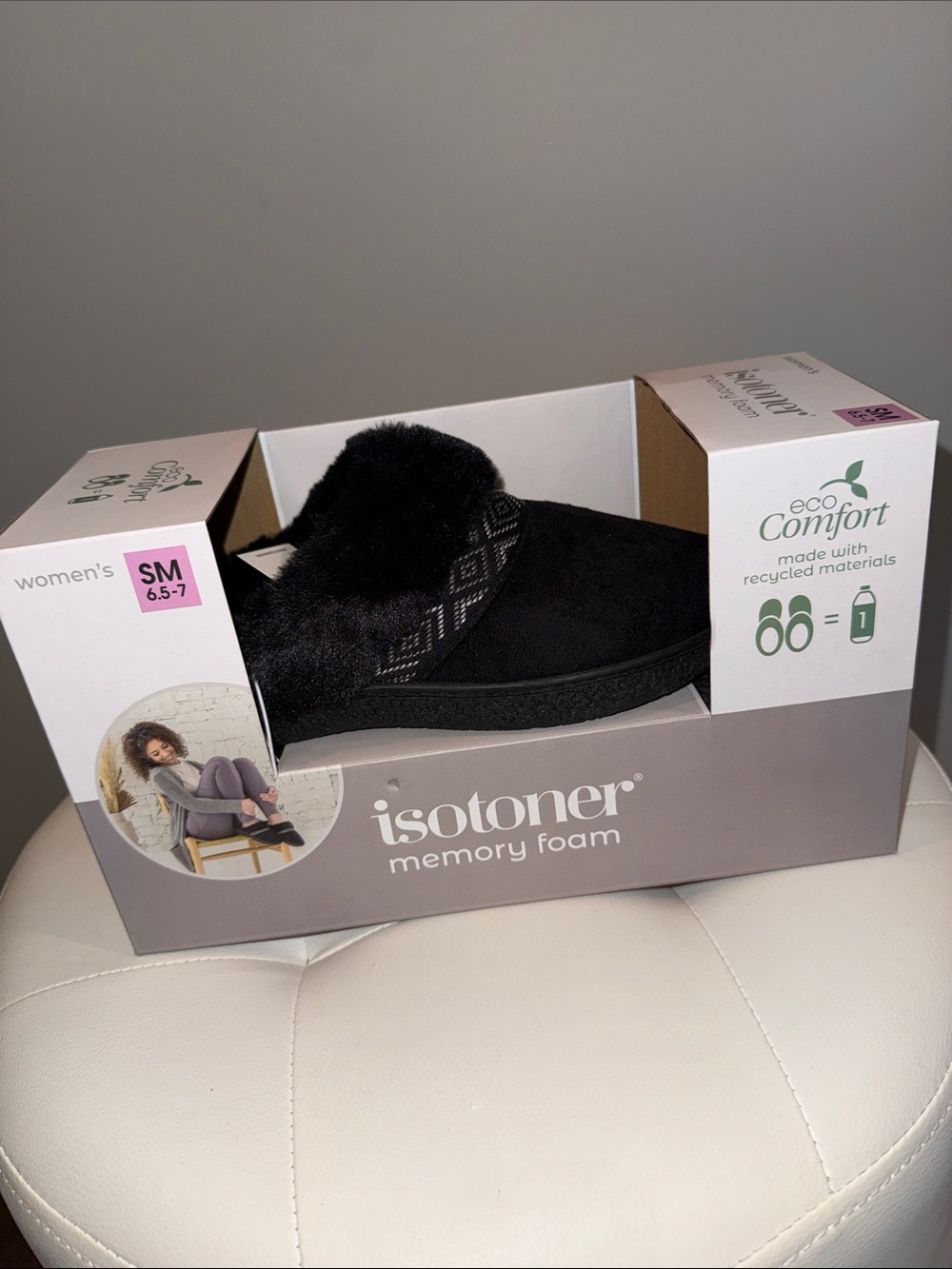 isotoner Women's Black Faux-Fur Memory Foam Slip-On Slipper
